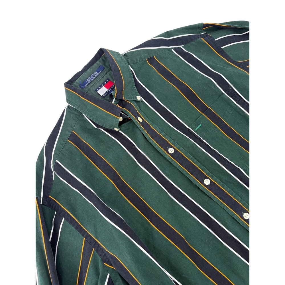 Tommy Hilfiger Men's Green Striped Button Down Shirt Size L Long Sleeve